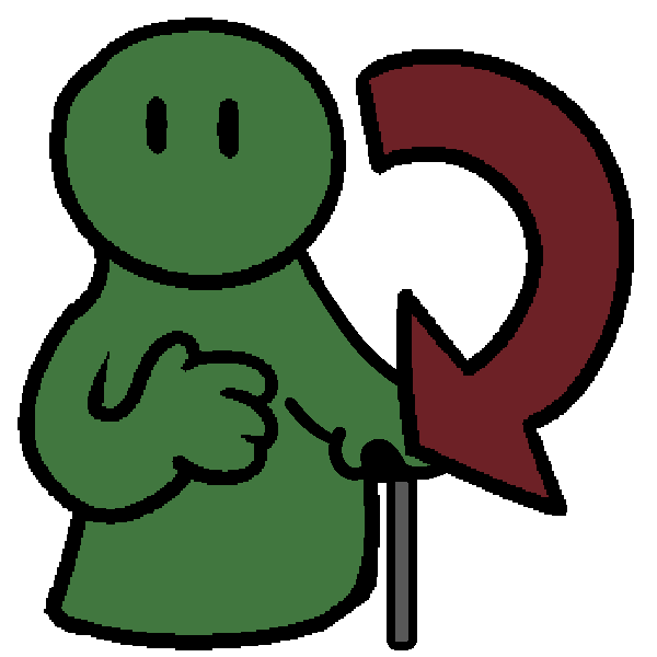 A green figure with a hand on their chest and a cane in the other, and a red arrow coming from and pointing to them.